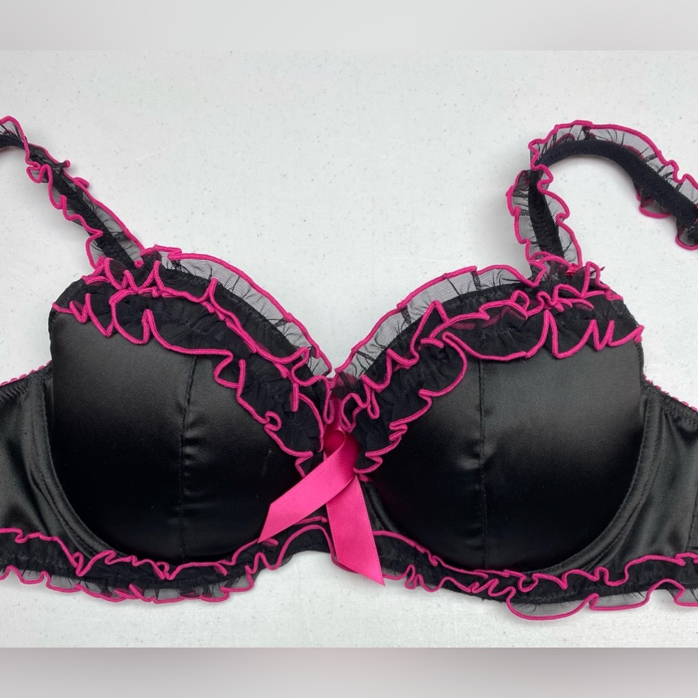 LS BLK/PNK FRILL  Lightly Lined Underwire,  36C *P1013